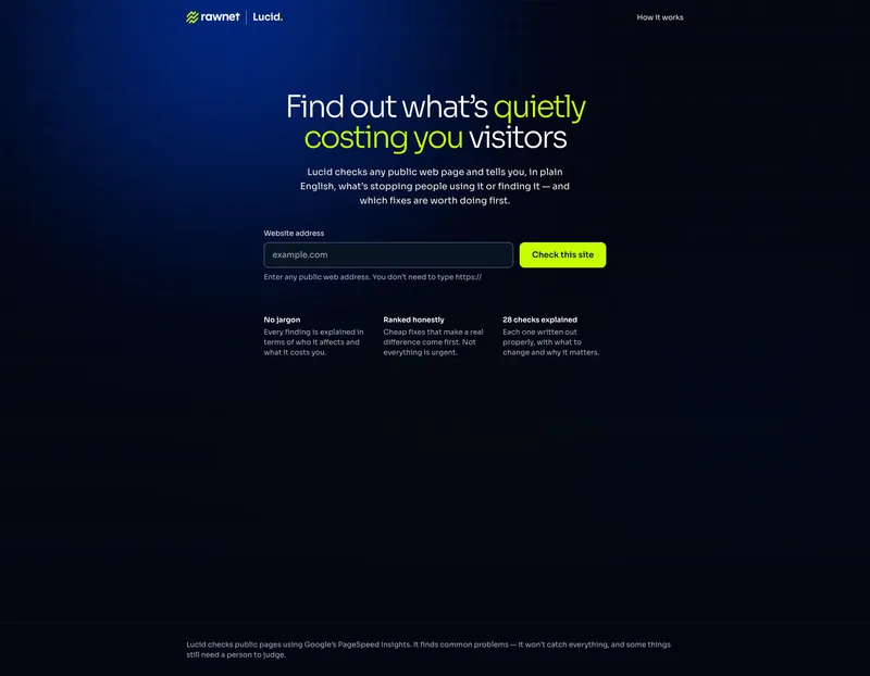 The Lucid home screen, with the headline "Find out what's quietly costing you visitors" and a box to enter a website address.
