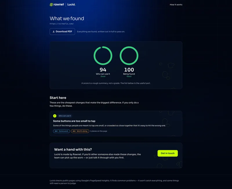Lucid's results screen, with scores for "Who can use it" and "Being found", and a "Start here" list of fixes rated by effort and value.