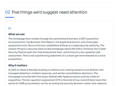 The example report's 'Five things we'd suggest need attention' section, opening on what we see and why it matters.