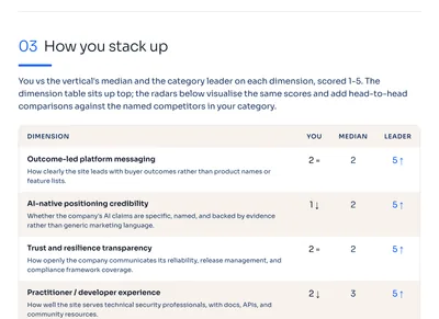 The example report's 'How you stack up' table: each dimension scored for you, the category median and the leader.