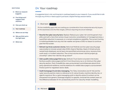 The example report's roadmap beside its section list: the short-term fixes, each with what to change and why.