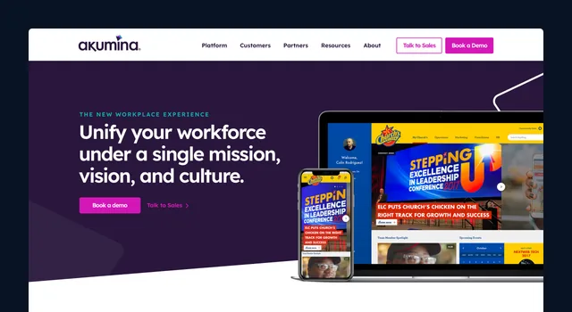 The Akumina homepage on desktop and phone, "Unify your workforce under a single mission, vision, and culture"