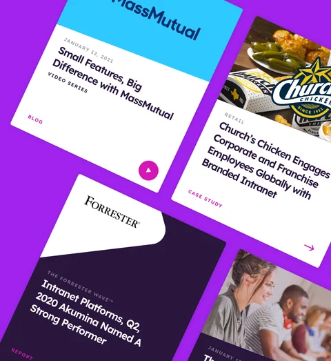 Akumina customer stories for MassMutual, Church's Chicken and Forrester, as cards at an angle on purple