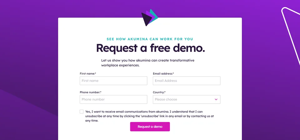 Akumina's "Request a free demo" form on desktop, on purple
