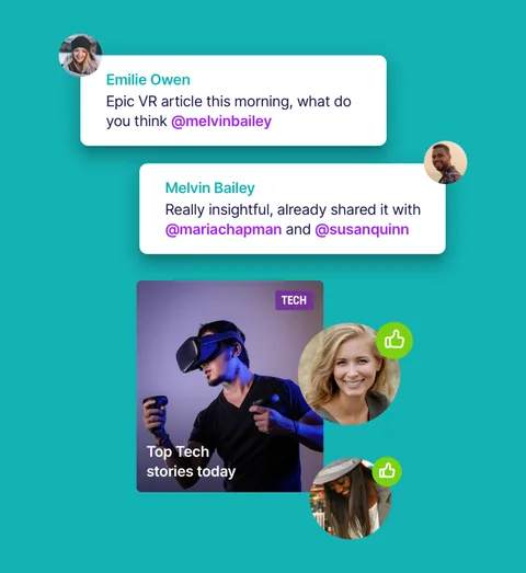 Akumina social posts and a "Top Tech stories today" card, on teal