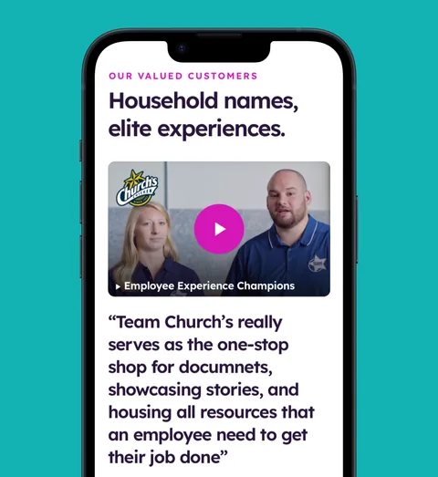 An Akumina page on a phone, headed "Household names, elite experiences", with a Church's Chicken video, on teal