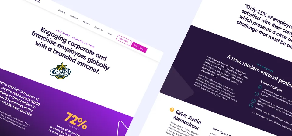 Akumina customer story pages on desktop, featuring Church's Chicken