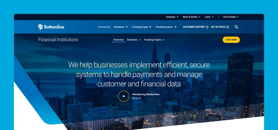 Bottomline's Financial Institutions page on desktop, "We help businesses implement efficient, secure systems to handle payments and manage customer and financial data", over a city at night