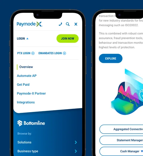 Paymode-X and Bottomline menus on two phones, with the Paymode-X login and product links