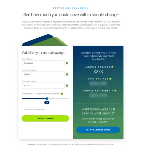 Bottomline's annual savings calculator, "See how much you could save with a simple change"