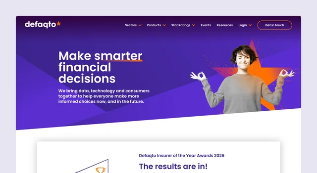 Defaqto's homepage on desktop, "Make smarter financial decisions", with a woman in a meditation pose