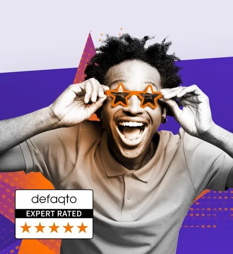 A man laughing in star-shaped glasses beside a Defaqto Expert Rated five-star badge