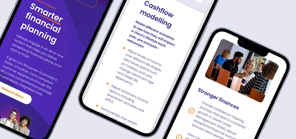 Defaqto pages on phones at an angle: "Smarter financial planning", "Cashflow modelling" and "Stronger finances"