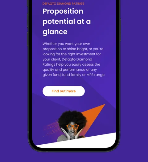 Defaqto's "Proposition potential at a glance" page on a phone, on purple