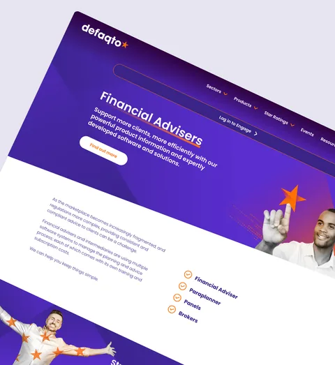 Defaqto's Financial Advisers page at an angle, in purple