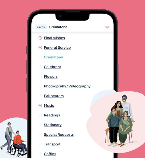Dignity's funeral wishes checklist on a phone, from the funeral service to coffins, on pink