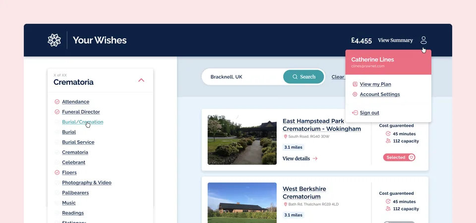 Dignity's "Your Wishes" planner on desktop, comparing crematoria near Bracknell