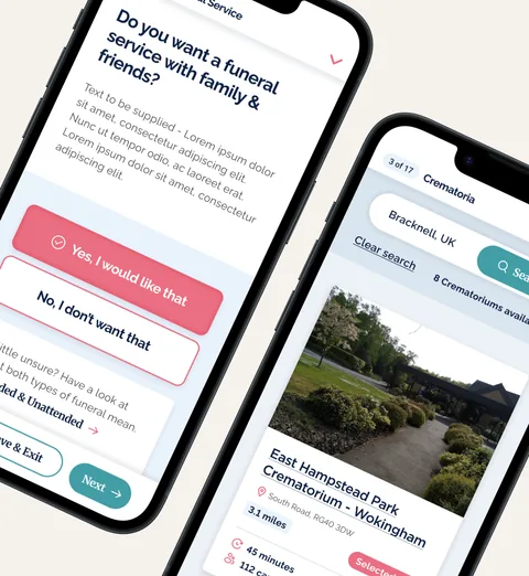 Dignity planner screens on phones at an angle, choosing a service and a crematorium