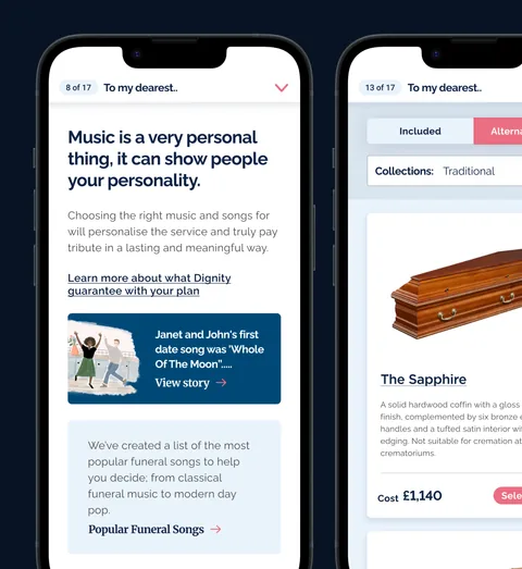 Two Dignity screens on phones, about music for the service and choosing a coffin