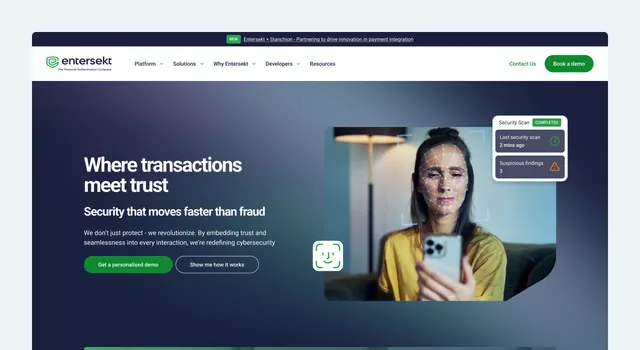 The Entersekt homepage on desktop, "Where transactions meet trust", with a face-scan security check