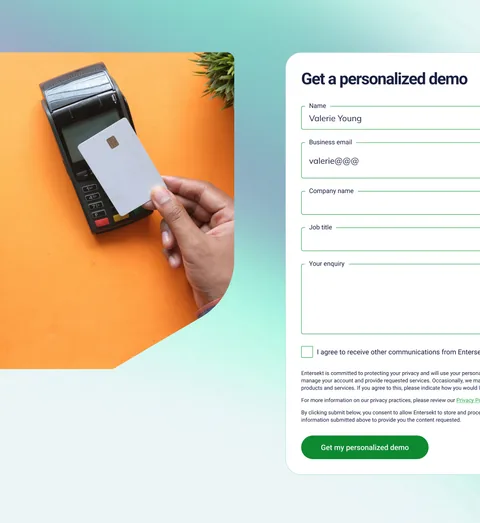 A card payment on a terminal, beside Entersekt's "Get a personalized demo" form