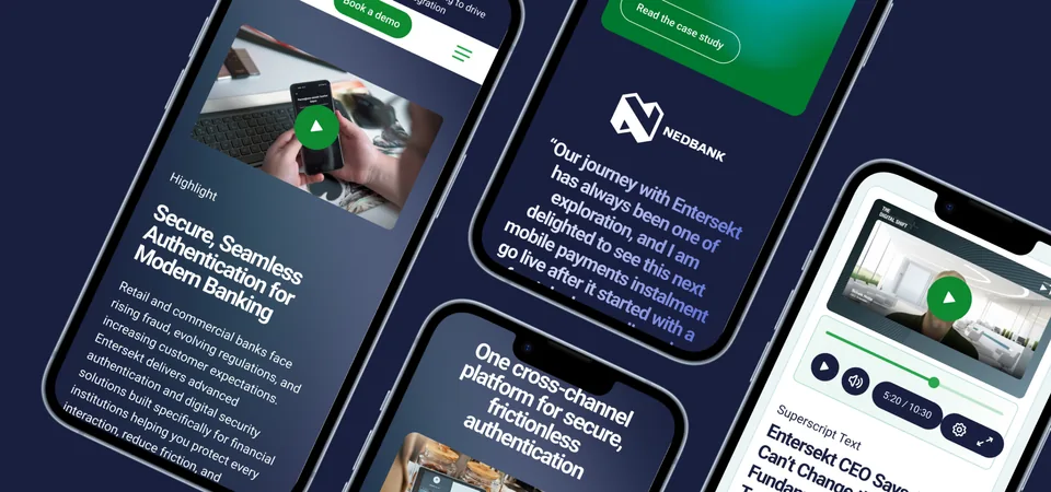 Entersekt pages on phones at an angle, with authentication content and a Nedbank customer quote, on navy