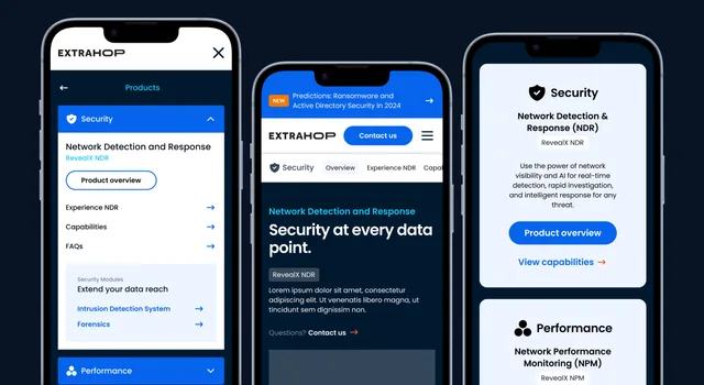 ExtraHop's Network Detection and Response pages on three phones, "Security at every data point", on navy