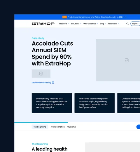 An ExtraHop customer story page on desktop, about Accolade's security spend