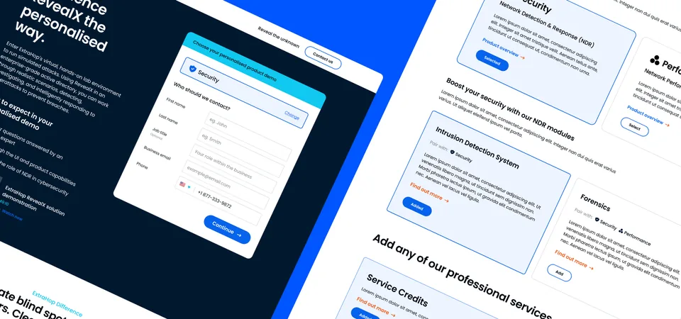 ExtraHop pages at an angle, with a RevealX demo request form and the network detection modules, on navy and blue