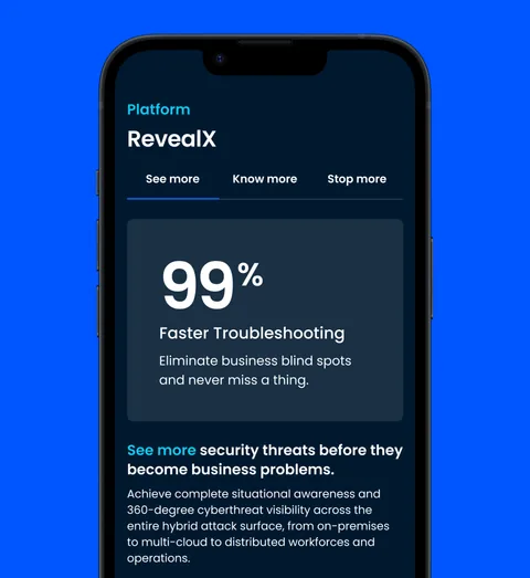 ExtraHop's RevealX platform page on a phone, on blue