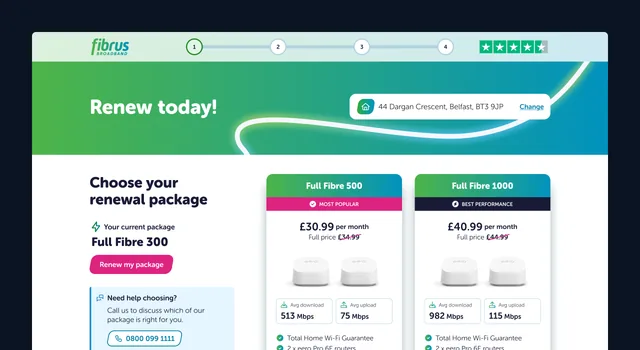 The Fibrus renewal flow on desktop, comparing Full Fibre 500 and 1000 packages