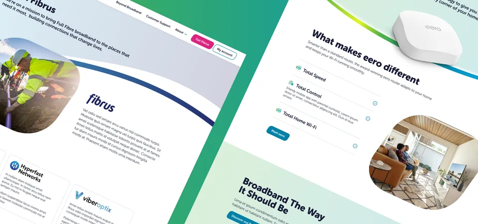 Fibrus website pages at an angle, including "Broadband the way it should be" and "What makes eero different"