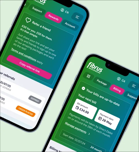 Two Fibrus account screens on phones at an angle, with a refer-a-friend offer and the next bill, on pale green