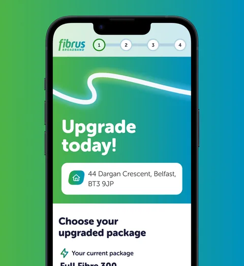 The Fibrus "Upgrade today" screen on a phone, on a teal background