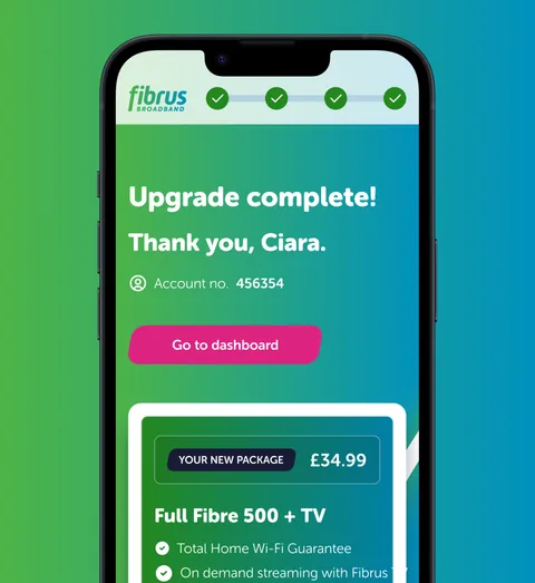 The Fibrus "Upgrade complete" screen on a phone