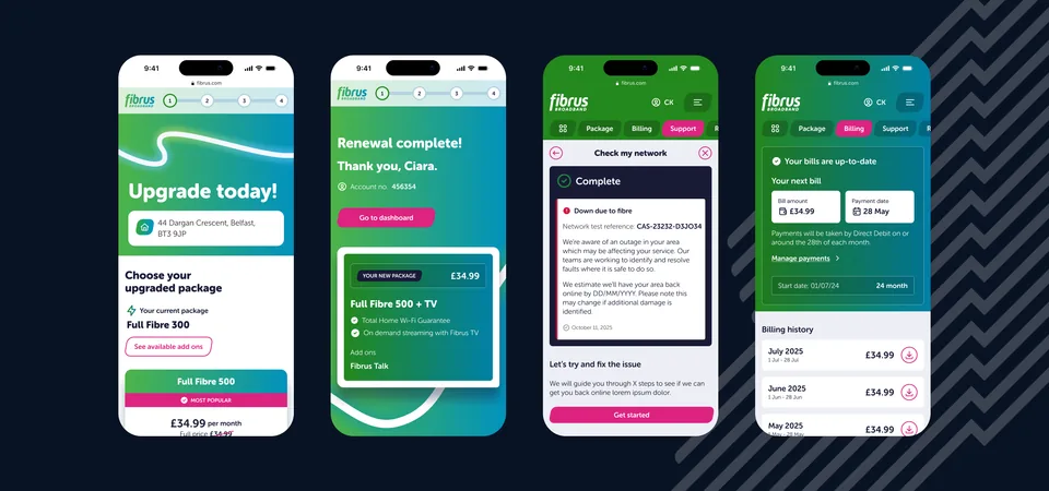 Four Fibrus portal screens on phones, showing an upgrade, a completed renewal, a network check and billing