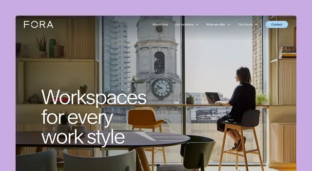 FORA's homepage on desktop, "Workspaces for every work style", over an office with a clock tower view