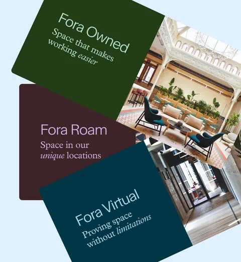 FORA's three offers on cards at an angle: Fora Owned, Fora Roam and Fora Virtual