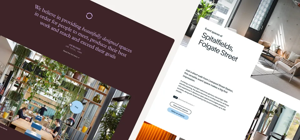 FORA pages at an angle, with plants in a workspace and the Spitalfields, Folgate Street location