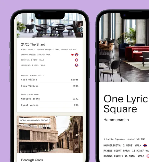 Two FORA screens on phones: a workspace listing and the One Lyric Square, Hammersmith page