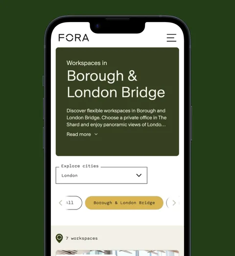 FORA's Borough & London Bridge workspaces page on a phone, on dark green