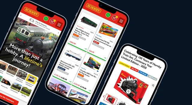 Three Hornby shop screens on phones at an angle, including "More than just a hobby" and a centenary train set