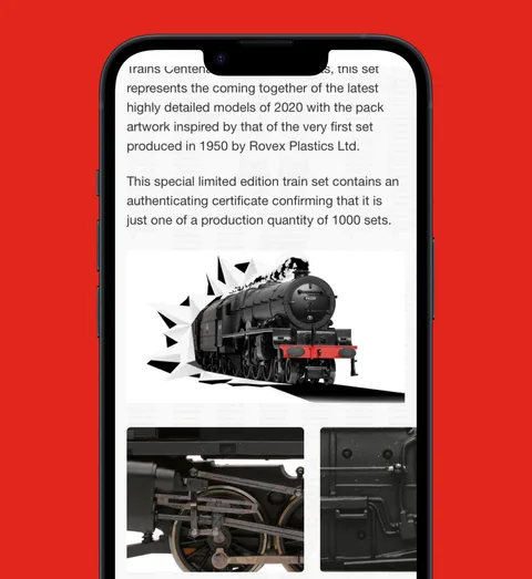 A Hornby limited edition product page on a phone, on red
