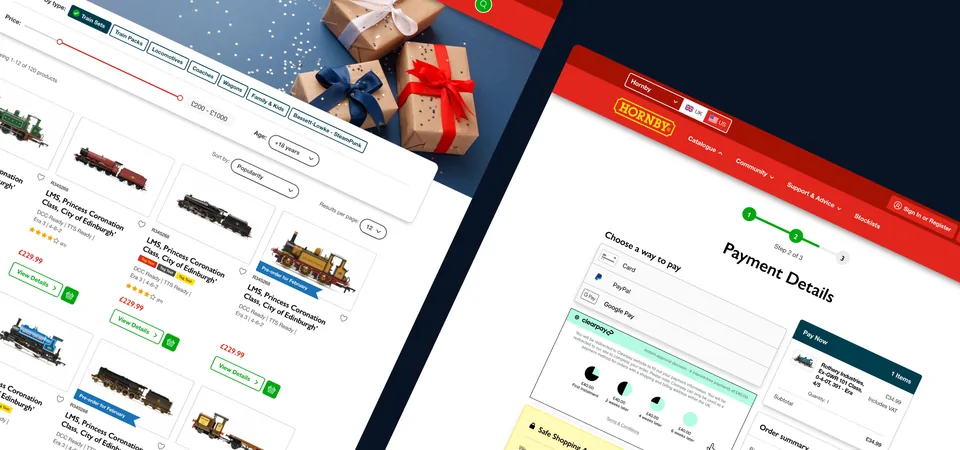 Hornby's product listing and checkout payment details on desktop, with gift-wrapped presents