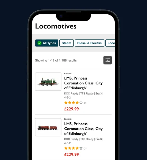 Hornby's Locomotives listing on a phone, with LMS Princess Coronation models