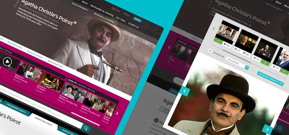Agatha Christie's Poirot pages at an angle, on magenta and teal