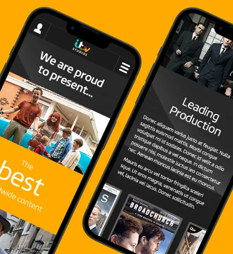 ITV Media pages on phones at an angle, with ITVX and ITV2 partnership opportunities