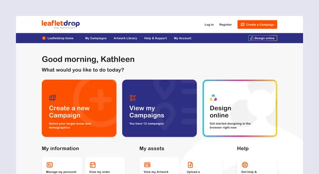 The Leafletdrop customer dashboard on desktop, on lilac