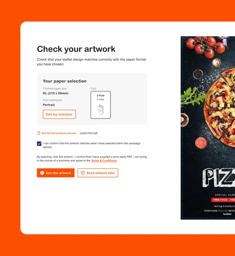 Leafletdrop's "Check your artwork" step, with the paper choice and a pizza leaflet preview, on orange