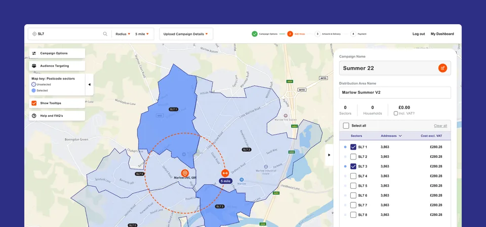 Leafletdrop's campaign area map on desktop, on purple